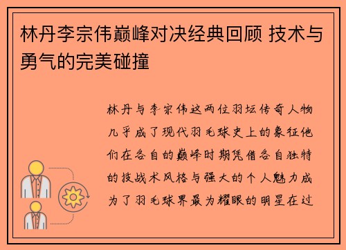 林丹李宗伟巅峰对决经典回顾 技术与勇气的完美碰撞